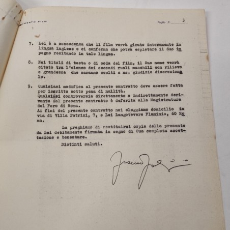 FRANCO FABRIZI autografo su contratto cinematografico film LE DOLCI SIGNORE