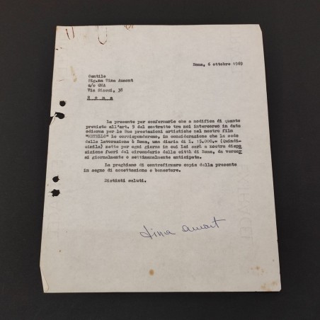 TINA AUMONT autografo su contratto cinematografico 1969