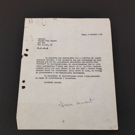 TINA AUMONT autografo su contratto cinematografico 1969