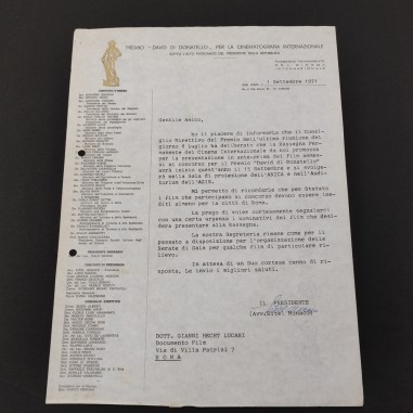 Lettera Comitato Premio DAVID DI DONATELLO per la DOCUMENTO FILM 1971