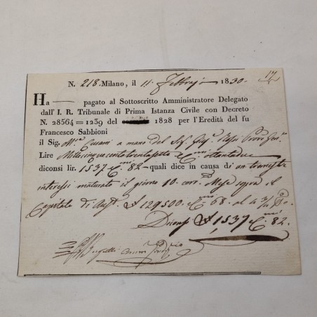 Ricevuta di pagamento per eredità fu Francesco Sabbioni 1830