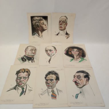BAZZI lotto di 8 disegni stampati con caricature personaggi anni 20
