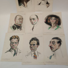 BAZZI lotto di 8 disegni stampati con caricature personaggi anni 20 2