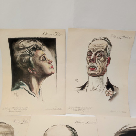BAZZI lotto di 8 disegni stampati con caricature personaggi anni 20