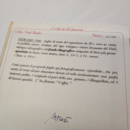 1946 - Vaticano Segnatasse 20 c. nero su violetto pallido, sfondo litografico la