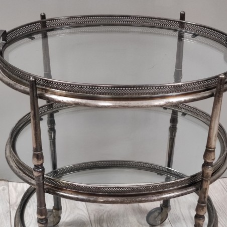 Tavolino fine 800 primo 900 in metallo bagnato argento con piani in vetro ovali