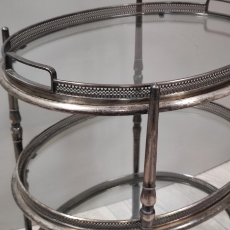 Tavolino fine 800 primo 900 in metallo bagnato argento con piani in vetro ovali