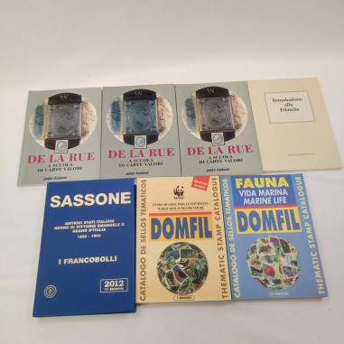Lotto 7 libri e cataloghi di filatelia Sassone Domfil De La Rue