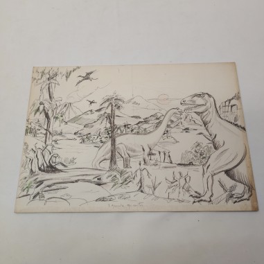 Disegno matita e china su cartoncino scena dinosauri probabile bozzetto
