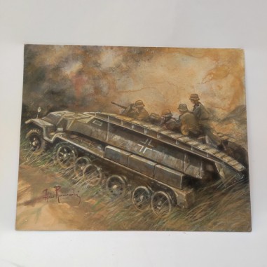 ALDO RAIMONDI bozzetto dipinto scena di guerra panzer tedesco 30x24 cm