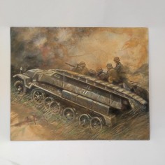 ALDO RAIMONDI bozzetto dipinto scena di guerra panzer tedesco 30x24 cm 2