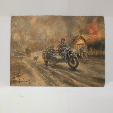ALDO RAIMONDI bozzetto dipinto scena di guerra moto e sidecar 38x29 cm