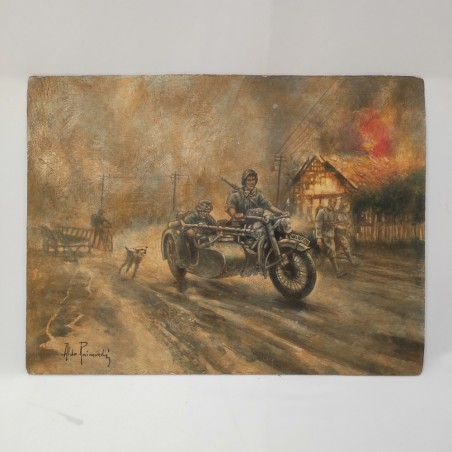 ALDO RAIMONDI bozzetto dipinto scena di guerra moto e sidecar 38x29 cm