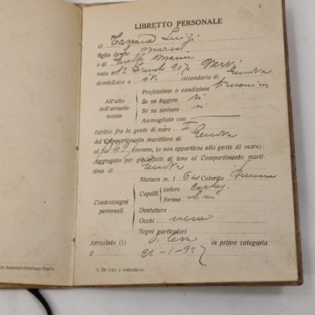 Regia Marina Libretto personale sottonocchiere Tassara classe 1907
