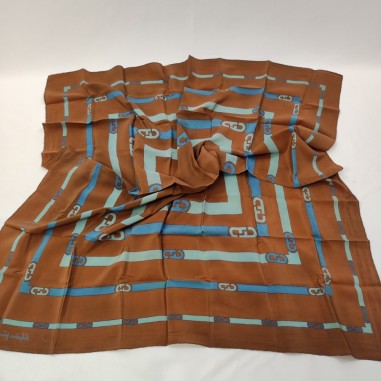FERRAGAMO originale foulard in seta colore marrone con inserti in blu anni 80