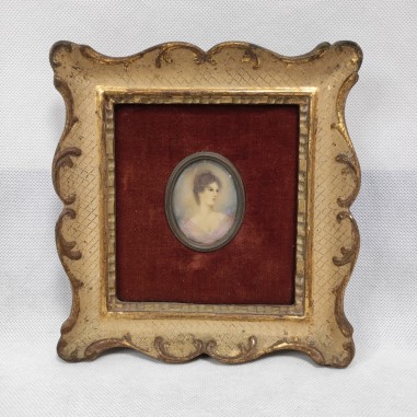 Quadretto tardo 800 con miniatura dipinta a mano ritratto femminile in ovale