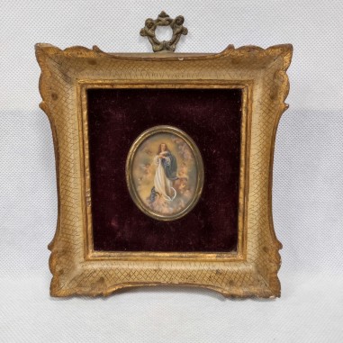 Quadretto tardo 800 con miniatura votiva in ovale dipinta a mano