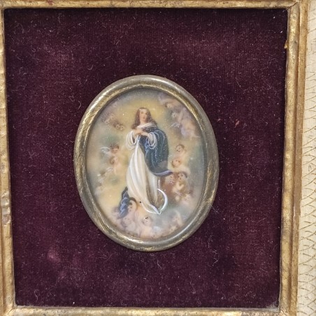 Quadretto tardo 800 con miniatura votiva in ovale dipinta a mano