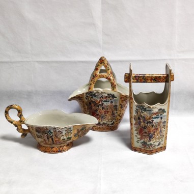 Lotto di 3 ceramiche Royal Satsuma dipinte policrome
