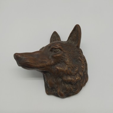 Scultura fusione in bronzo testa di cane o lupo 12x10 cm