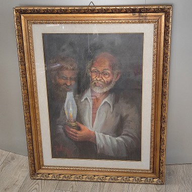 Quadro olio su tela pittore Sergio Favini due vecchi con lampada