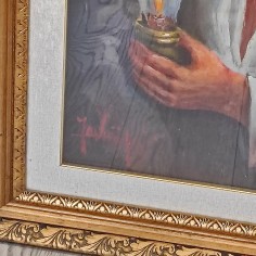 Quadro olio su tela pittore Sergio Favini due vecchi con lampada 2