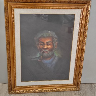Quadro olio su tela Sergio Favini vecchio con barba bianca di fronte
