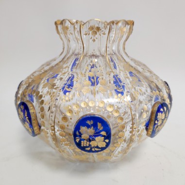 Vaso di cristallo di Boemia Molato d. 16 cm decoro in foglia d'oro