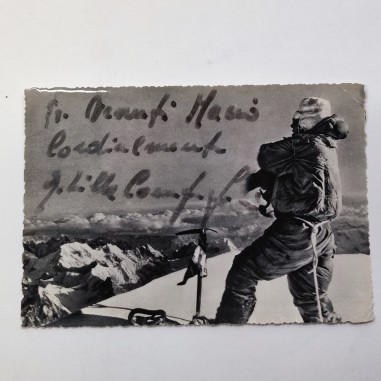 Cartolna in bianco e nero con foto e autografo in originale Achille Compagnoni