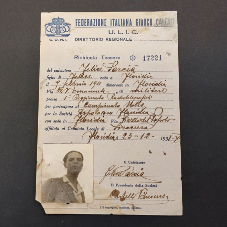 Cartellino calciatore Felice Sarcià Federazione gioco calcio Floridia 1931