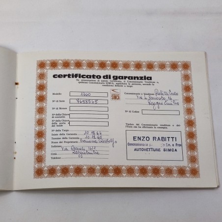 Libretto Simca Garanzia e Servizio parzialmente compilato anno 1964 modello 1300