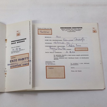 Libretto Simca Garanzia e Servizio parzialmente compilato anno 1964 modello 1300