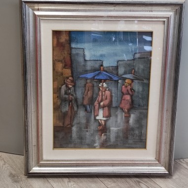 S. Gimava quadro olio su tela figure sotto la pioggia 40x60 cm
