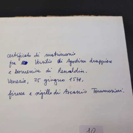 Originale certificato di matrimonio anno 1578