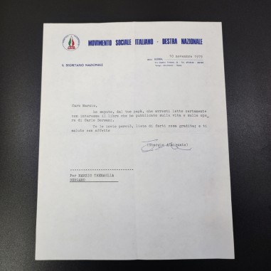 MSI Destra Nazionale Lettera firma Almirante per Marzio Tremaglia 1979