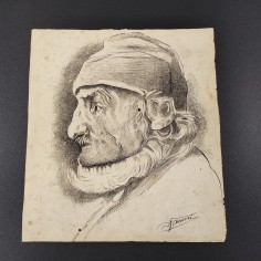 Bozzetto a china linee e tratteggio disegno testa di uomo a sinistra metà 800