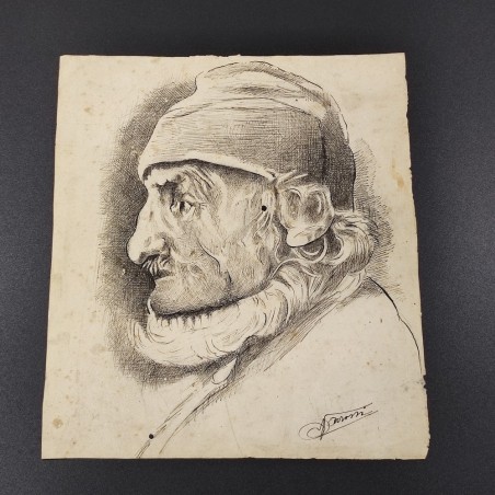 Bozzetto a china linee e tratteggio disegno testa di uomo a sinistra metà 800