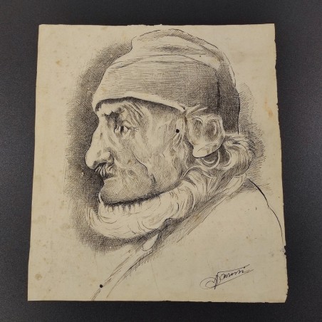 Bozzetto a china linee e tratteggio disegno testa di uomo a sinistra metà 800