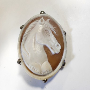 Cameo in conchiglia sardonica soggetto cavallo su spilla in argento