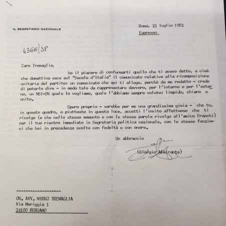 Originale lettera a firma Almirante destinatario Mirko Tremaglia 1982