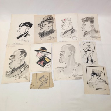 Lotto di 10 disegni satirici matita caricature Giovanni Reggianini anni 30