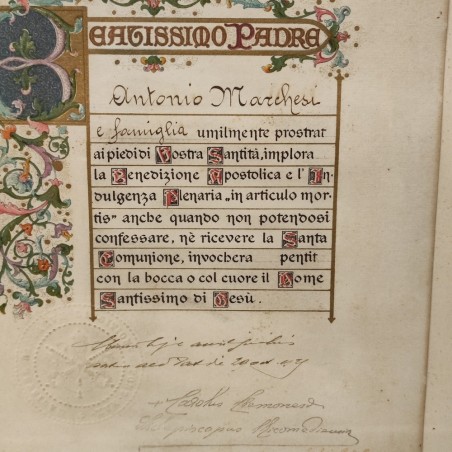 Documento incorniciato Papa Pio XI con implorazione per indulgenza plenaira