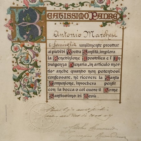 Documento incorniciato Papa Pio XI con implorazione per indulgenza plenaira