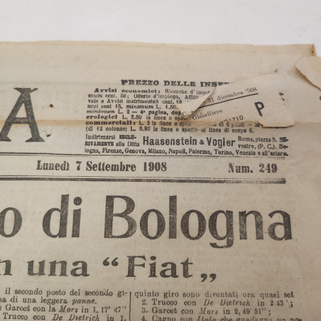 Prima pagina del giornale La Tribuna 7 settembre 1908