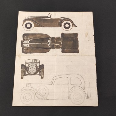 Foglio in formato 16,5x20 cm con disegno a mano progetto auto anni 30