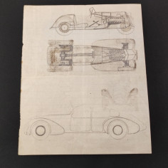Foglio in formato 16,5x20 cm con disegno a mano progetto auto anni 30 2
