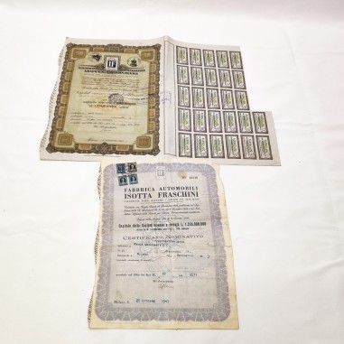 Lotto di 2 certificati azionari Isotta Fraschini 1947 uno con cedole