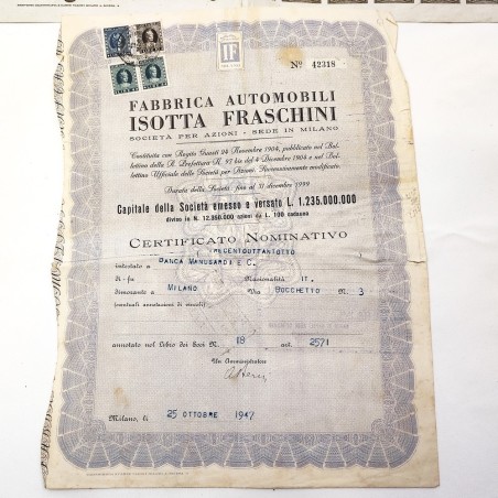 Lotto di 2 certificati azionari Isotta Fraschini 1947 uno con cedole