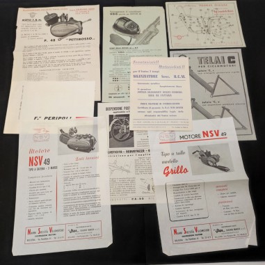 Lotto di 9 volantini cataloghi accessori e telai motori ciclomotori anni 50