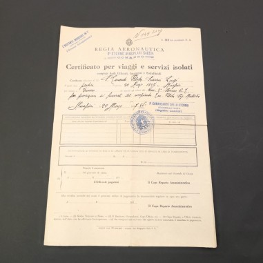 REGIA AERONAUTICA Certificato per viaggi e servizi isolati 1937